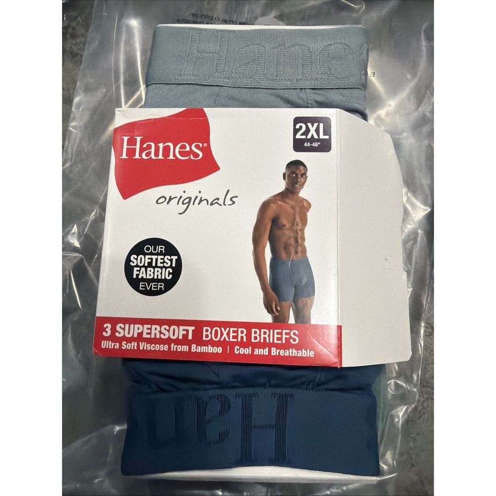 Size 2XL Men's Hanes Originals 3 Pack Tagless SuperSoft Boxer Briefs Lightweight
